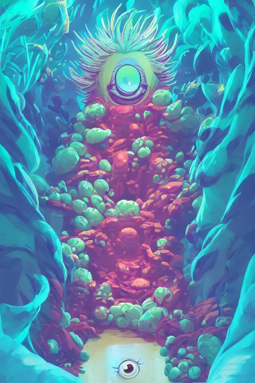 Image similar to roots cactus sushi cristal smurf ghost creature animal sushi cristal very big eye roots cactus elemental flush of force nature micro world fluo fishscale, behance hd by jesper ejsing, by rhads, makoto shinkai and lois van baarle, ilya kuvshinov, rossdraws radiating a glowing aura global illumination ray tracing hdr