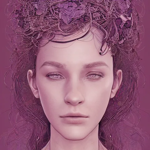 Image similar to the portrait of an incredibly beautiful woman made of potatoes roots and violets, an ultrafine detailed illustration by james jean, final fantasy, intricate linework, bright colors, behance contest winner, vanitas, angular, altermodern, unreal engine 5 highly rendered, global illumination, radiant light, detailed and intricate environment