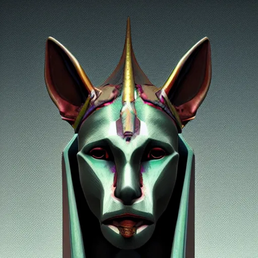 Image similar to anubis head, highly detailed, cultist, artstation, colored, beeple