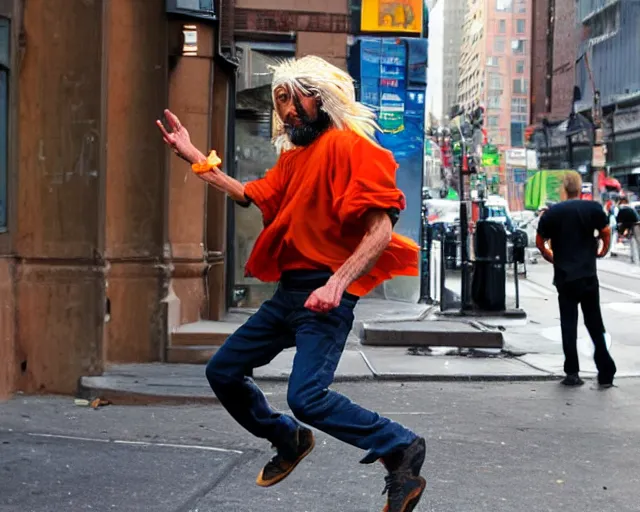 Image similar to a handsome homeless man wins the lottery. the homeless guy jumps in the air like a little girl. he is glowing like goku. realistic image. new york city candid photo