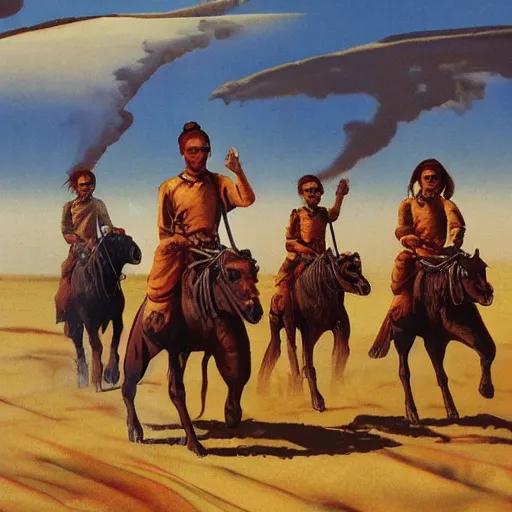 Prompt: indoaryan nomads riding horses across steppe, on alien planet, science fiction, pulp illustration