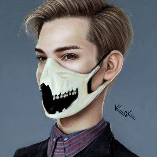 Prompt: frontal portrait of a suited blond with medical gloves and a skull face mask, by Kim Kyoung Hwan