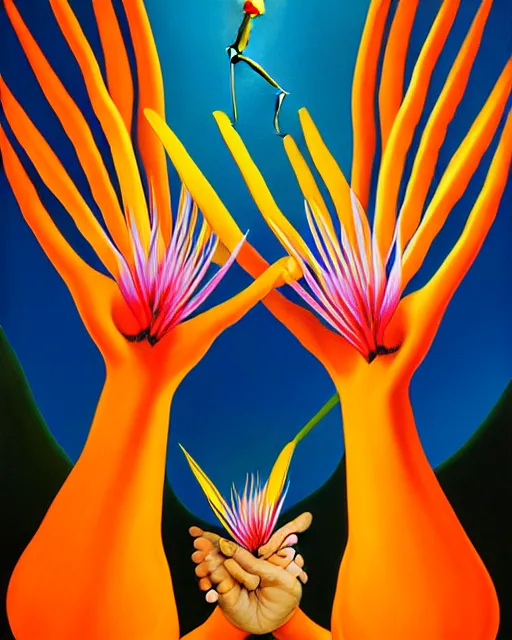 Image similar to neo-surreal painting of hyperrealistic veiny human hands holding Birds of Paradise flowers dali robert steven connett dramatic orange light 8k high angle shallow depth of field