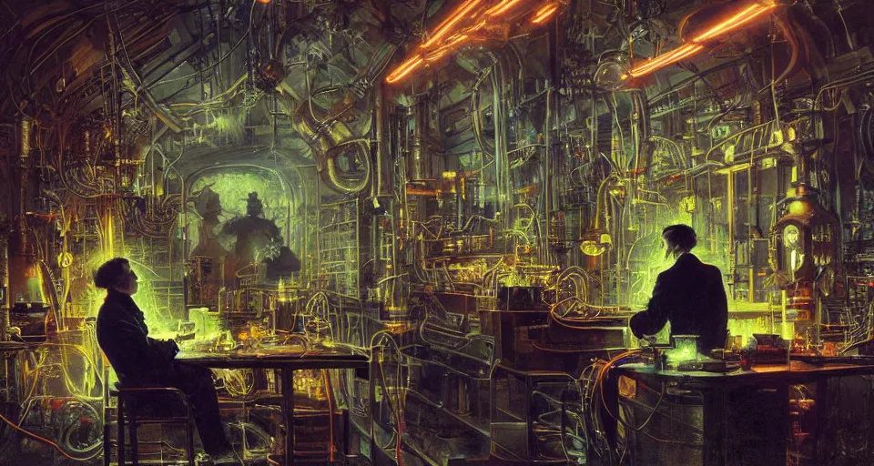 Prompt: nikolai tesla in his lab, glowing jacket, electrical arcs, neon glow, highly detailed, digital art, intricate, dramatic lighting, steampunk, neon colors, cinematic, art by norman rockwell, greg rutkowski, beksinski