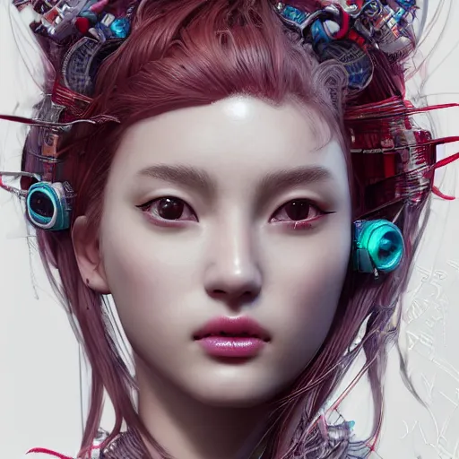 Image similar to the portrait of an absurdly beautiful, graceful, elegant, sophisticated, fashionable cyberpunk gravure idol, an ultrafine hyperdetailed illustration by kim jung gi, irakli nadar, hanna moon, intricate linework, bright colors, collage, porcelain skin, unreal engine 5 highly rendered, cgsociety, global illumination, radiant light, detailed and intricate environment