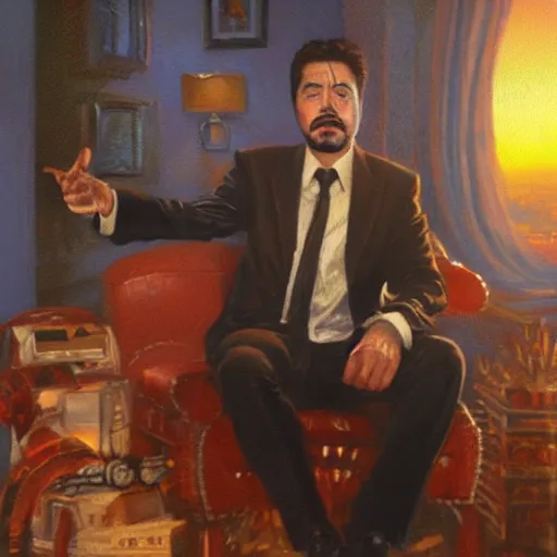 Prompt: detailed oil painting of tony stark sitting in an armchair in a room with the setting sun, by thomas kinkade, golden hour
