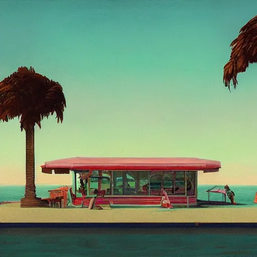 Prompt: inside seaside diner with palm trees by simon stalenhag