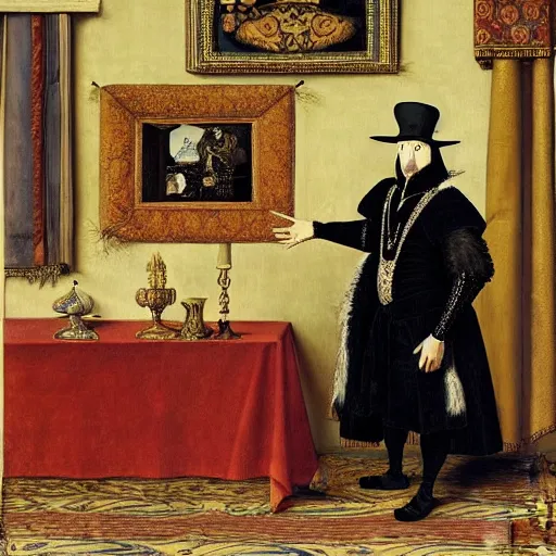 Prompt: a highly detailed painting of a raven dressed as an elegant tudor gentleman, in a richly decorated room, by hans holbein