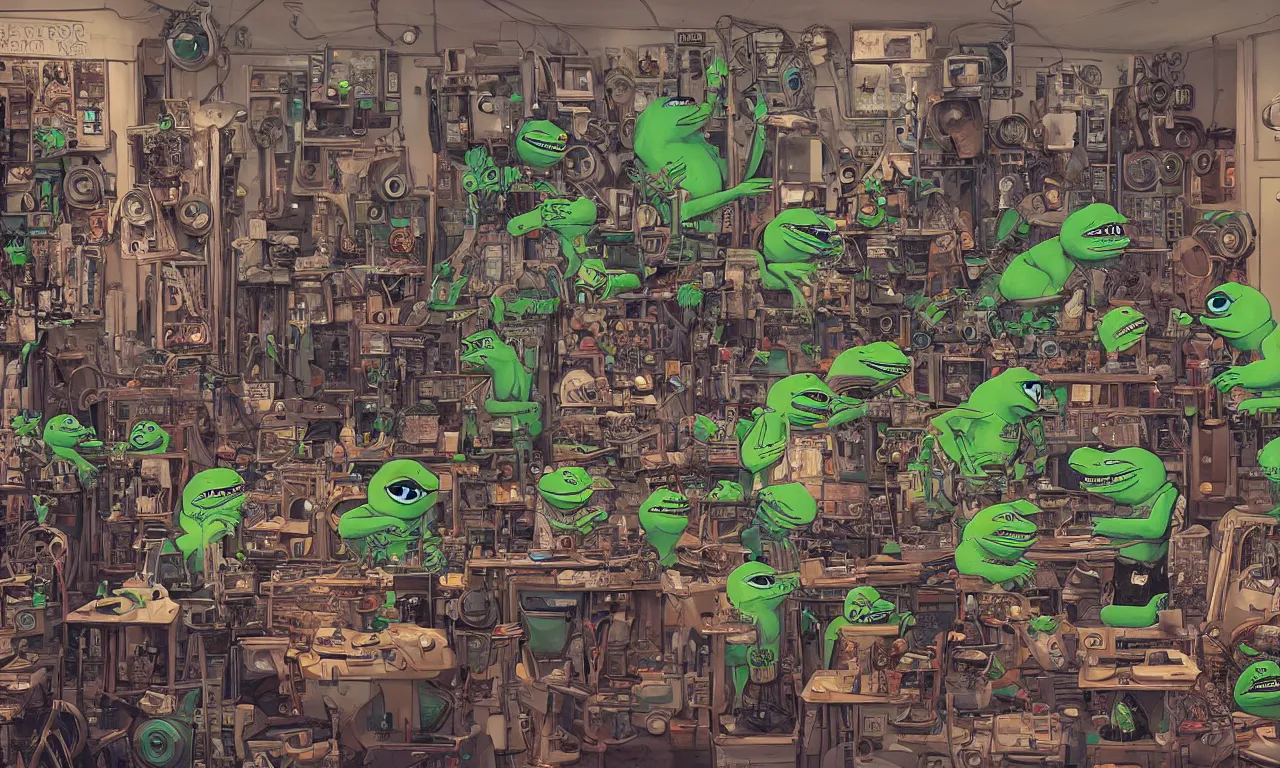Image similar to an extremely cluttered animatronic pepe repair shop in 2067, art by Josan Gonzales and Dan Hillier, extremely detailed, fine detail, 8K