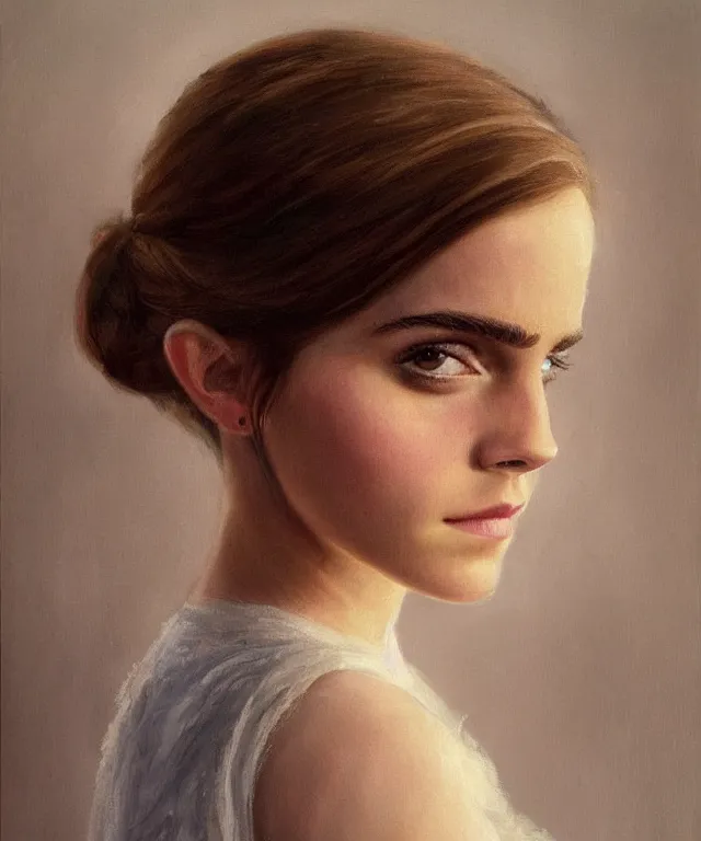 Image similar to epic soft portrait of Emma Watson, painting by Hughes Edward Robert