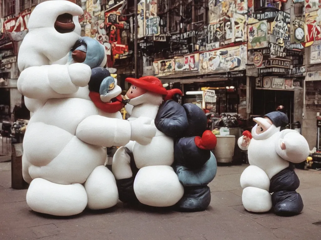 Image similar to 3 5 mm kodachrome colour photography of michelin man and stay - puft marshmallow man kissing each other, just they in love, no more characters, two characters taken by harry gruyaert