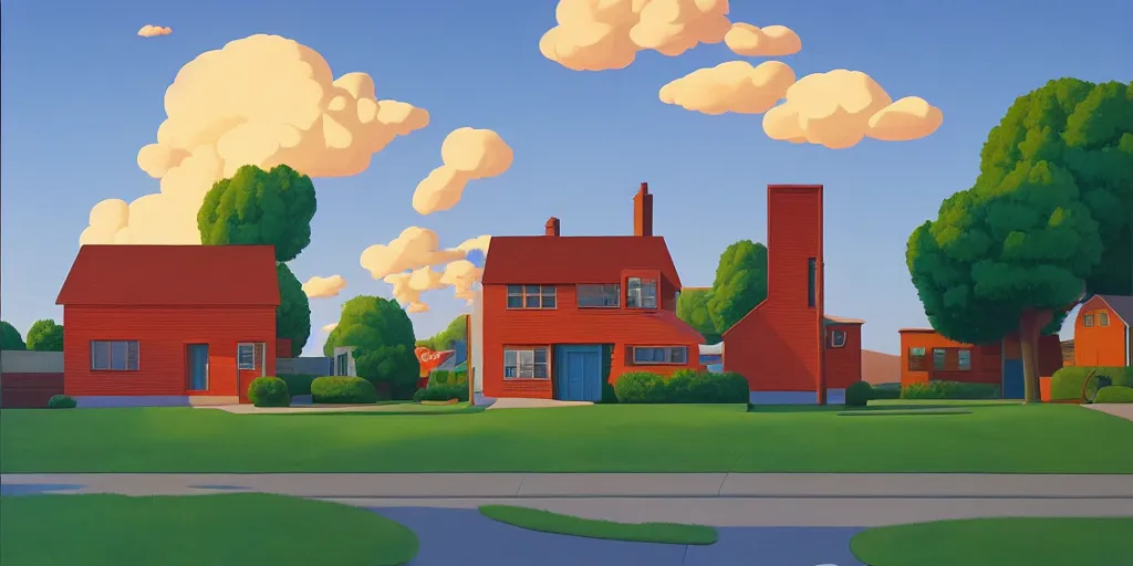 Image similar to the simpsons house clouds, blue sky, summer evening, kenton nelson