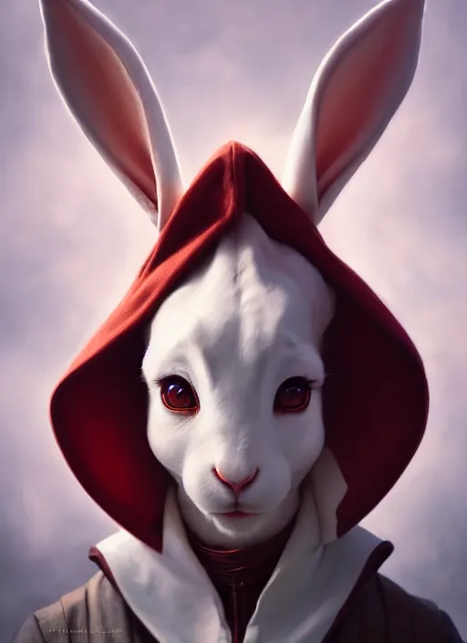 Prompt: close up portrait of anthropomorphic white rabbit, large floppy ears hanging down, big round eyes by artgerm, cushart krenz, greg rutkowski, mucha. art nouveau. gloomhaven, red tones, vibrant colors, sharp edges. ultra clear detailed. 8 k. elegant, intricate, octane render