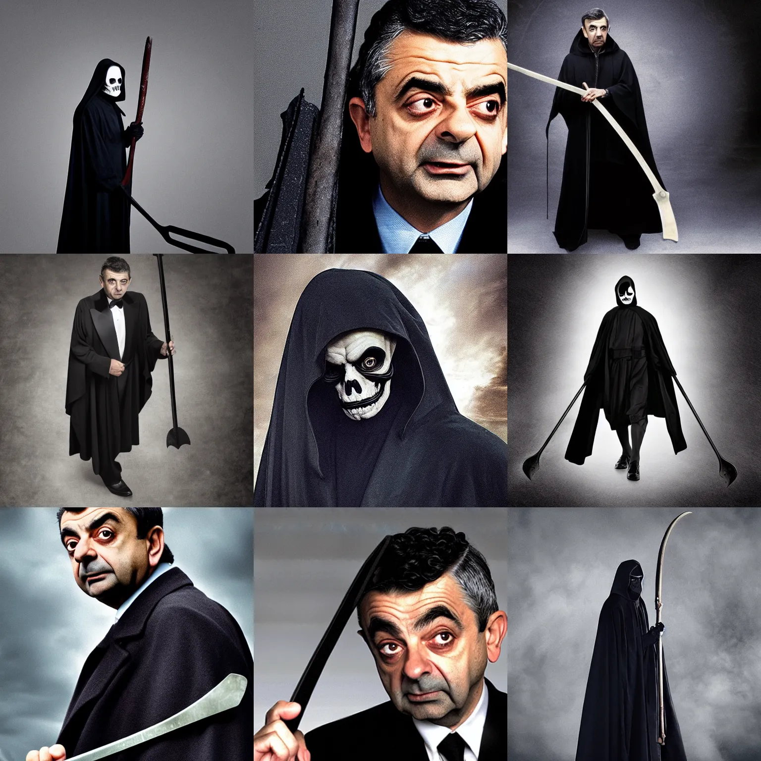 Prompt: rowan atkinson is the grim reaper the death itself, wearing dark cloak, holding a scythe, dark misty background