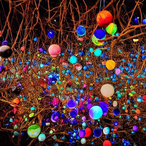 Prompt: multiple colorful globes full of twigs swirling around a hellscape, crystals illuminating the night sky