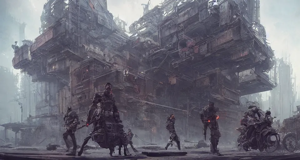 Image similar to a highly detailed epic cinematic concept art CG render digital painting artwork scene: steampunk cyberpunk soviet militia squad. By Greg Rutkowski, Ilya Kuvshinov, WLOP, Stanley Artgerm Lau, Ruan Jia and Fenghua Zhong, trending on ArtStation, made in Maya, Blender and Photoshop, octane render, excellent composition, cinematic dystopian brutalist atmosphere, dynamic dramatic cinematic lighting, aesthetic, very inspirational, arthouse