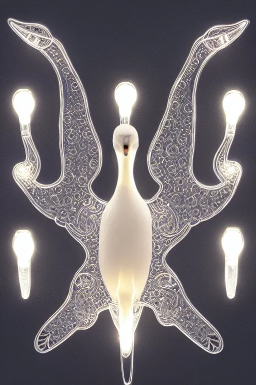 Prompt: led light in goose form, 3 5 mm, close - up, design forms, intricate details. front on, symmetrical.