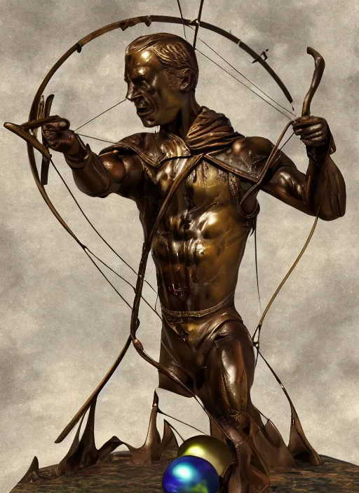 Image similar to An epic fantastic realism comic book style painting of a distressed bronze archery sculpture from the future by Stanislaw Szukalski, gilded colorful marbled paper background, winged archer, perfect shiny iridescent silver spheres, fisheye lens, unreal 5, DAZ, hyperrealistic, octane render, dynamic lighting