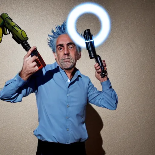 Image similar to Rick Sanchez as a real-life person, studio portrait, real-life-action movie star, holding a portal gun, opening a portal, Rick Sanchez