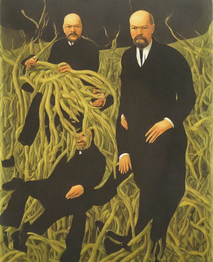 Image similar to The portrait of Vladimir Lenin as a humanoid fungi. Painted by Grant Wood