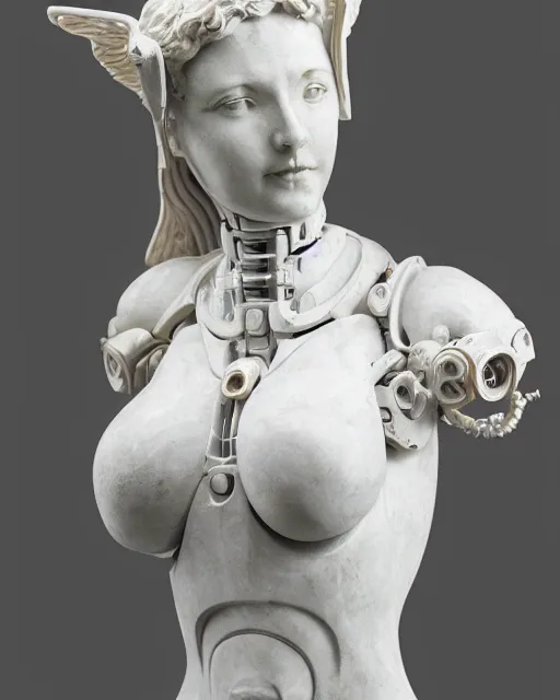 Image similar to marble sculpture of female angel with solarpunk mecha humanoid robotic parts with bright led lights, pudica pose gesture, by michelangelo, in white room, ultra - realistic and intricate, hdr 8 k