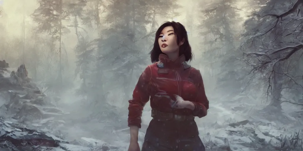 Image similar to fallout 5, charismatic beautiful rugged asian female protagonist, portrait, outdoors in forest, tori gate!!! and shinto shrine!!! in the background, atmospheric lighting, painted, intricate, volumetric lighting, daytime, winter, blizzard, sharp focus, ultra detailed, art by william turner and ross tran