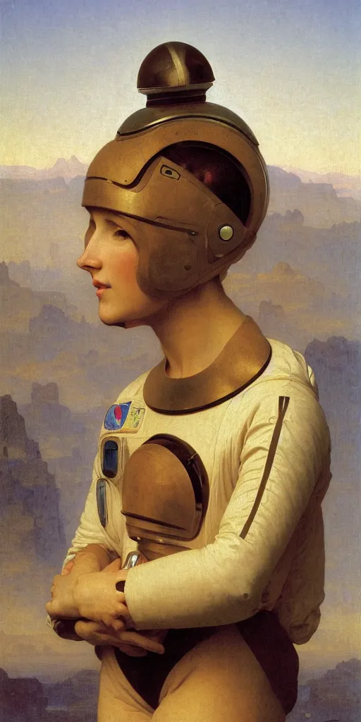 Image similar to portrait of an ancient human species in astronaut helmets, by bouguereau