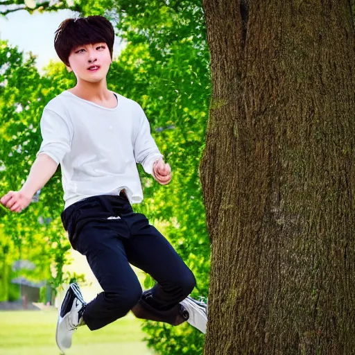 Prompt: Photo of Jeon Jungkook at 10 years old flying over a tree, realistic, real life, detailed picture, 8k, 35mm focal length