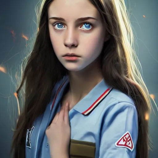 Image similar to portrait of a brunette thin teenager girl with blue eyes wearing school, uniform aims a gun, light stubble, digital art,photorealistoc,art by greg rutkowski,hyperdetailed,western comic style,comic,comic style,sharp lineart,professional lighting,deviantart,artstation,trevor henderson,rossdtaws,cinematic,dramatic