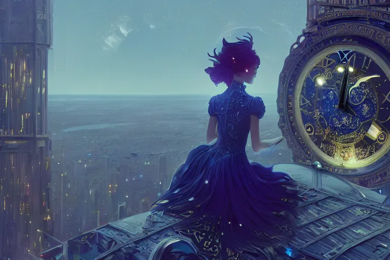 Prompt: close up of extremely beautiful aesthetic girl with dress made of lunar clock, sitting on top of the city tower, many mix of lunarpunk and clockpunk mechs, moon night, ultra detailed symmetrical face and ultra detailed eyes, intricate, rim light, sharp focus, trending artstation, unreal engine, by makoto shinkai and ferdinand knab and jeremy lipking