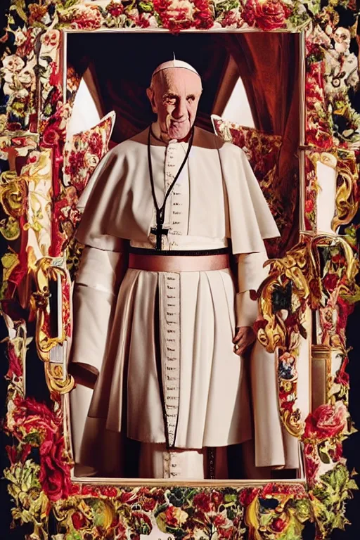 Prompt: dolce & gabbana campaign featuring george carlin as the pope, unprocessed colors, # nofilter, shot by annie leibovitz, realistic vfx simulation