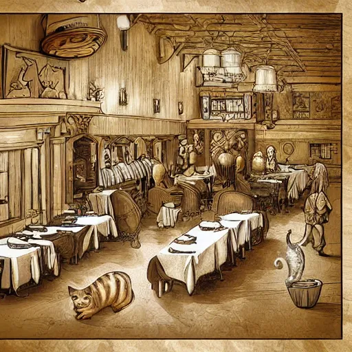 Image similar to cat restaurant, in da vinci style, trending on artstation