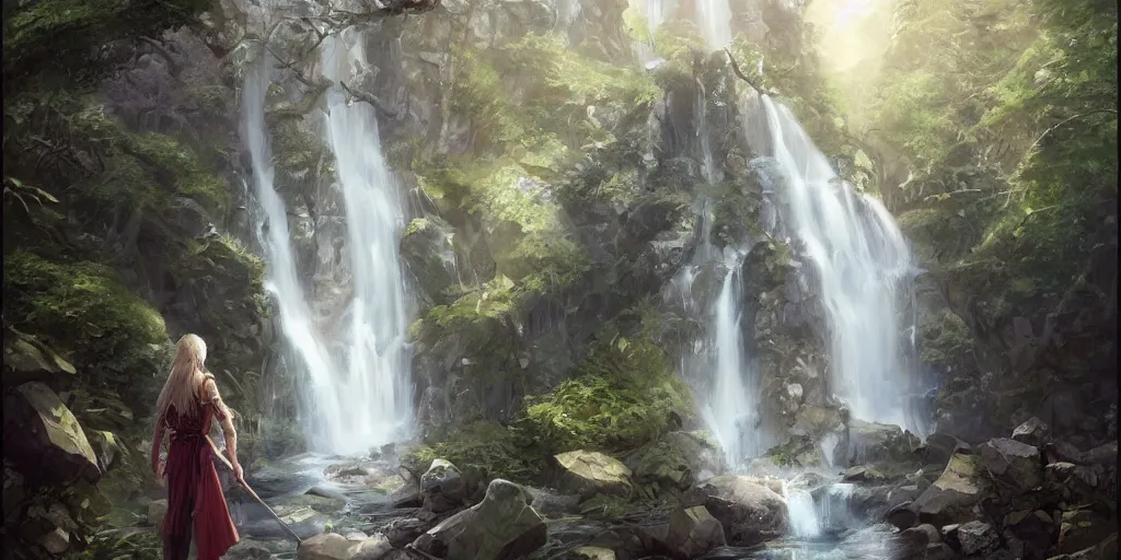 Image similar to waterfall in spring forest, d & d, fantasy, portrait, highly detailed, digital painting, trending on artstation, concept art, sharp focus, illustration, art by artgerm and greg rutkowski and magali villeneuve