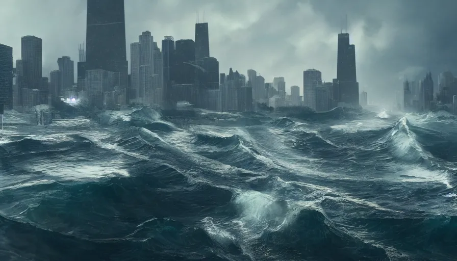 Image similar to Tsunami that hit Chicago, hyperdetailed, artstation, cgsociety, 8k