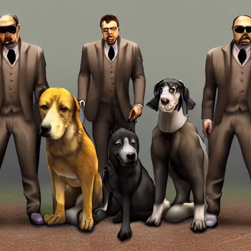Image similar to a group of mafioso dogs, realistic, dark, menacing