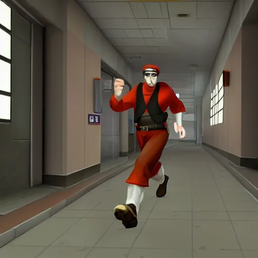 Image similar to the medic from TF2 running in an hospital corridor