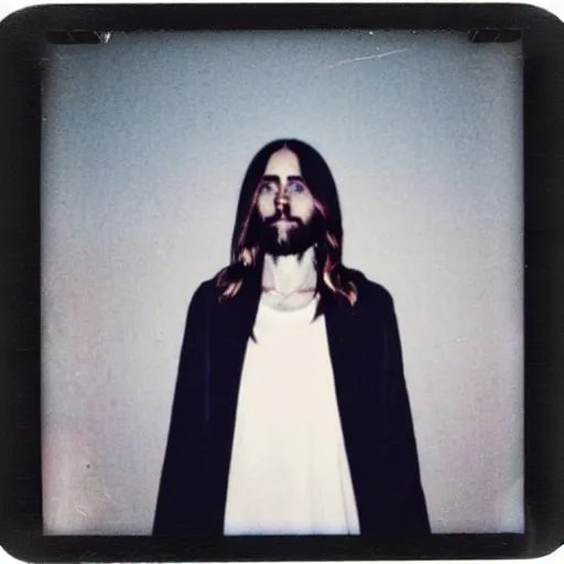 Prompt: a polaroid shot of jared leto as head of a cult, creepy, uncanny, polaroid