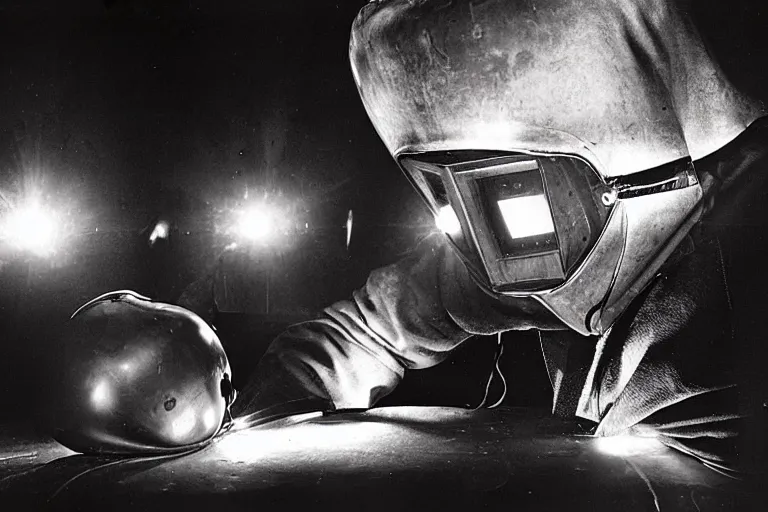Prompt: welder in welding mask in a berlin dance club, ominous lighting, by richard avedon, color
