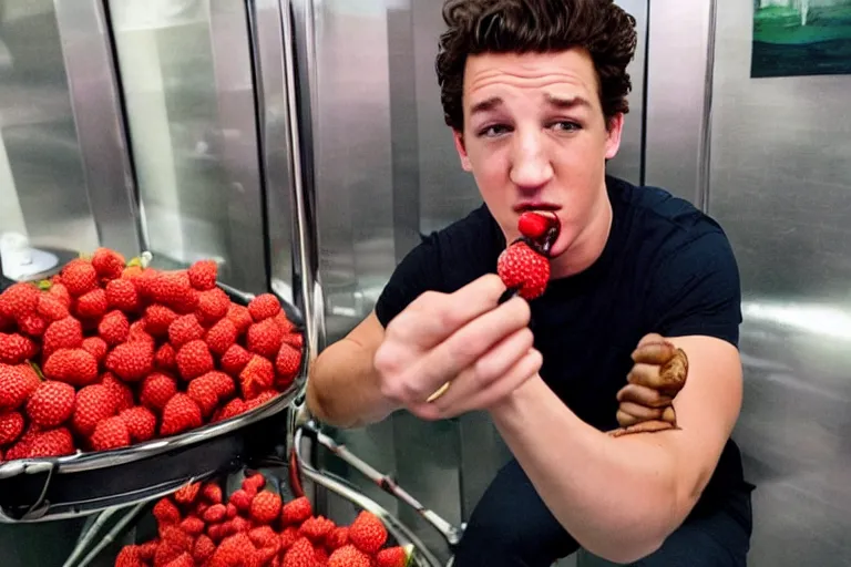 Prompt: miles teller in a bangkok elevator hula hopping while eating stawberries on a bike