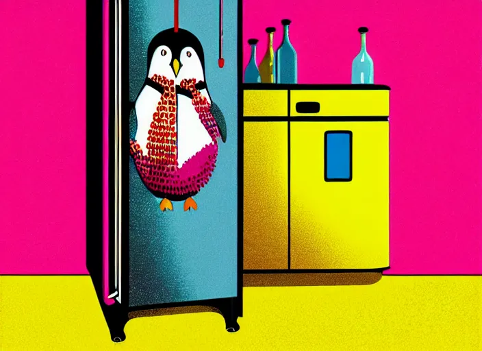 Prompt: penguin inside a refrigerator, colorful,modern art deco, Mads Berg, Karolis Strautniekas, stippled light, editorial illustration, detailed, matte print