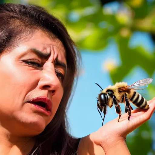 Image similar to mexican woman arguing with a bee, close - up, 4 k photorealism