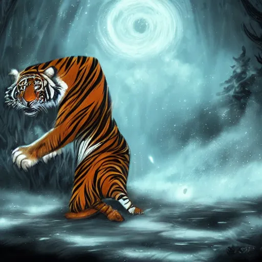 Prompt: A Wizard battling a Tiger, trending on art station