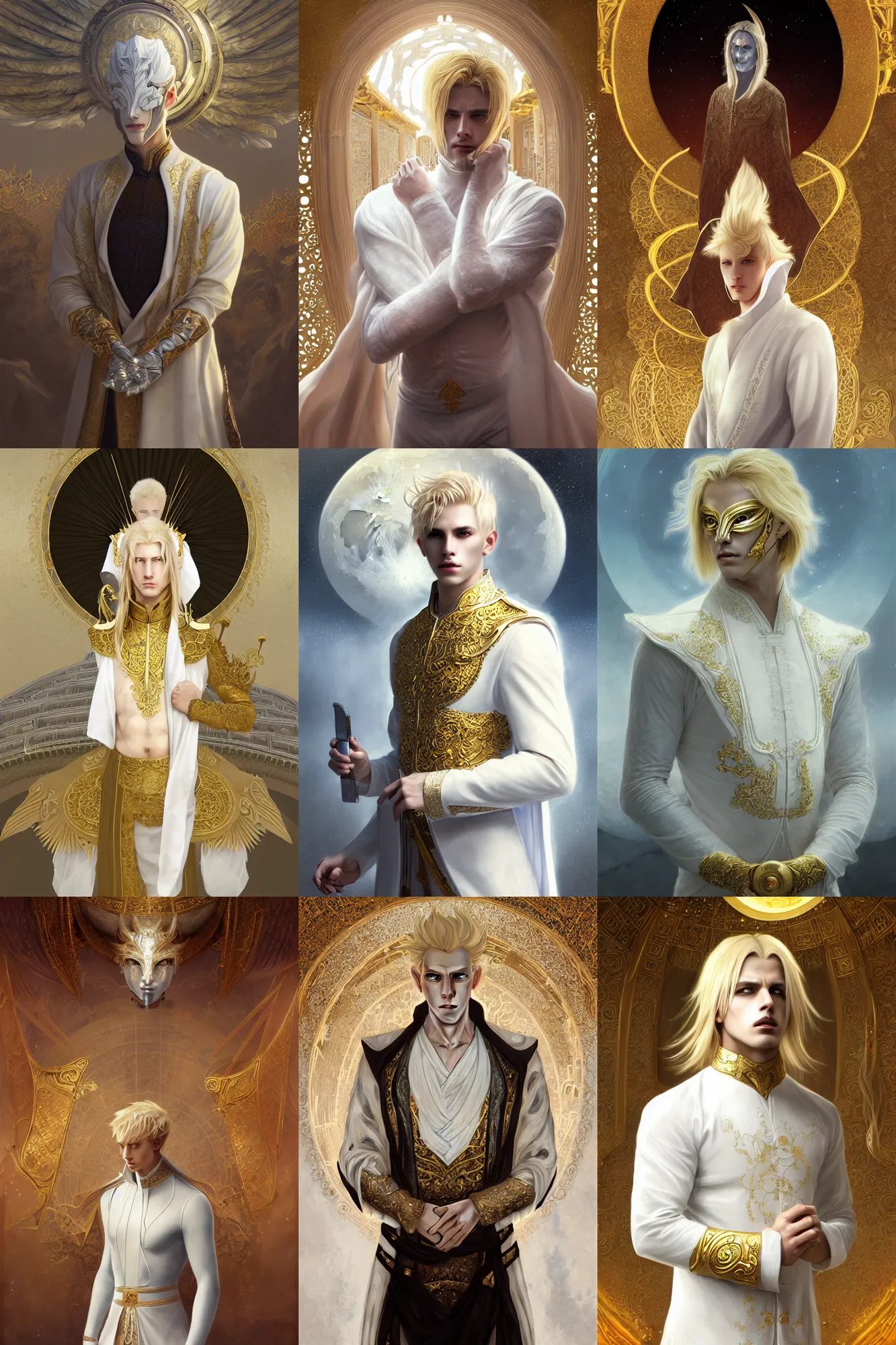 Prompt: portrait of blonde male as azazel, white clothes, gold mask, in the temple of heaven, moon light, sci - fi and fantasy, intricate and very very beautiful and elegant, highly detailed, digital painting, artstation, concept art, smooth and sharp focus, illustration, art by tian zi and wlop and alphonse mucha