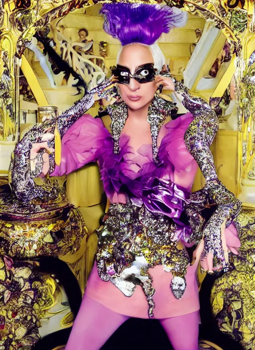 Image similar to lady gaga styled by david lachapelle posing in an expensive mansion setting , vogue magazine, Highly realistic. High resolution. Highly detailed. Dramatic. 8k.4k.