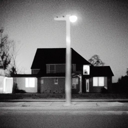 Image similar to terrifying creature on a suburban street at night, grainy color photograph 35mm