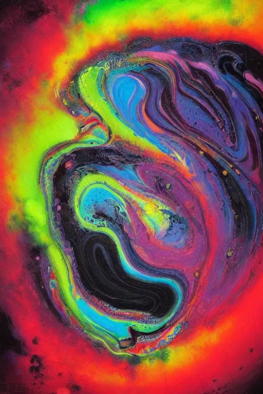 Image similar to fluid dynamics flow art a painting of a colorful black hole with a colorful swirl exploding into rainbows, acrylic marbling art by sam spratt, beksinski, deviantart, psychedelic art, psychedelic, cosmic horror, chromatic