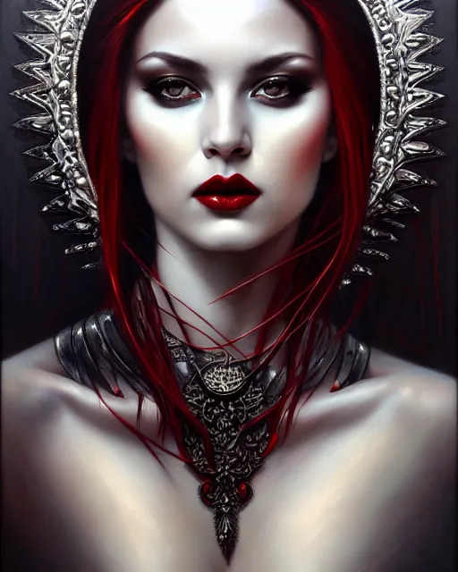 Image similar to portrait of a beautiful goddess, enigmatic beauty, dominant shades of black, silver, dark red, white, head in focus, fantasy art, ornamental aesthetics, intricate, elegant, highly detailed, hyperrealistic, artstation, concept art, soft illumination, painterly, sharp focus, by karol bak