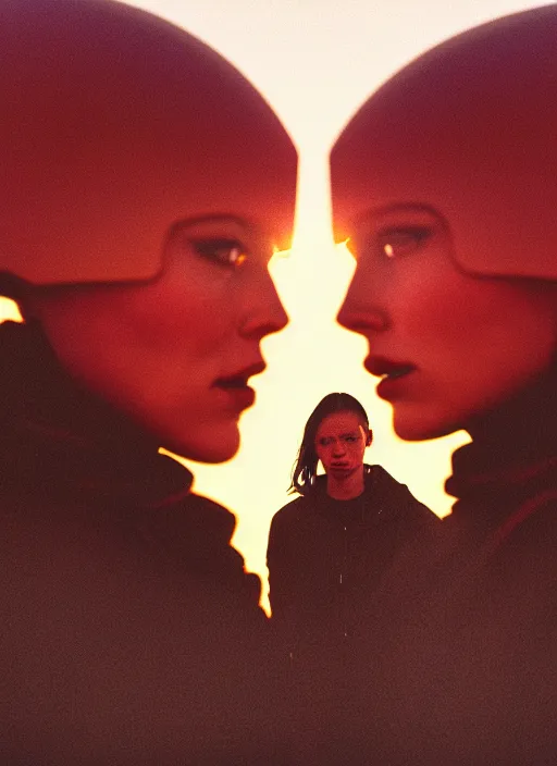 Image similar to cinestill 5 0 d photographic portrait of two loving female androids wearing rugged black techwear on a desolate plain with a red sky, extreme closeup, lizard on ground, cyberpunk style, in front of a brutalist dark metal facility, dust storm, 8 k, hd, high resolution, 3 5 mm, f / 3 2, ultra realistic faces