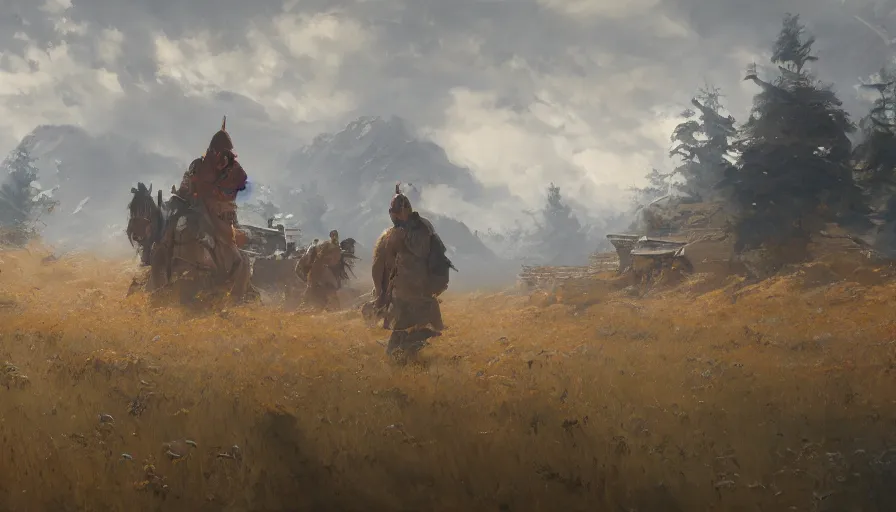 Prompt: cinematic shot by akira kurosawa, oil painting by jama jurabaev, extremely detailed, brush hard, artstation, for aaa game, high quality, brush stroke