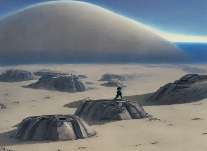 Prompt: ( ( ( ( ( dune 2 0 2 1 matte painting, sci - fi illustration, sci - fi environment, planets, desert scene, painting ) ) ) ) ) by vincent di fate and john berkey and ralph mcquarrie!!!!!!!